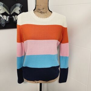 LOFT Striped Crewneck Sweater in White, Orange, Pink, Light Blue & Navy